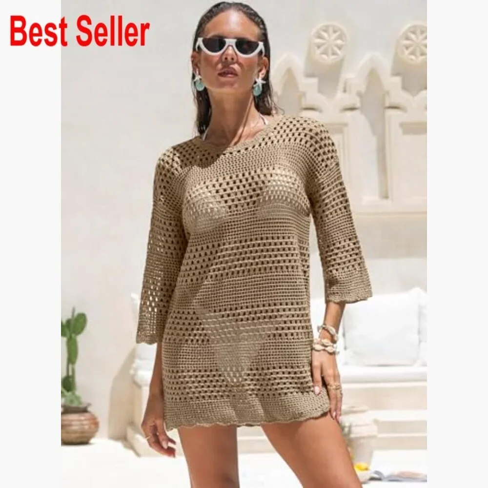 Crochet Mesh Knit Swimsuit Cover Up Mini Dress 3/4 Sleeve
